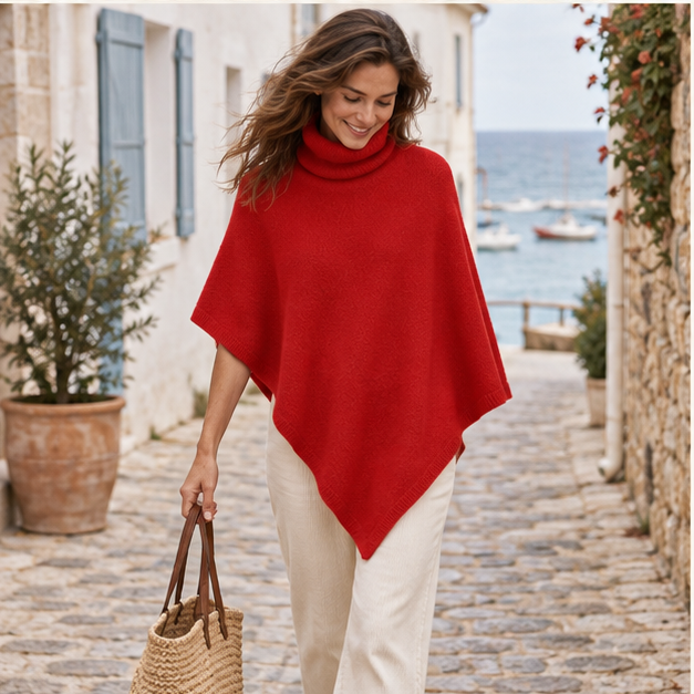 Pull Poncho Col Roulé Femme – Red / Adulte, porté en mouvement au bord de l’océan