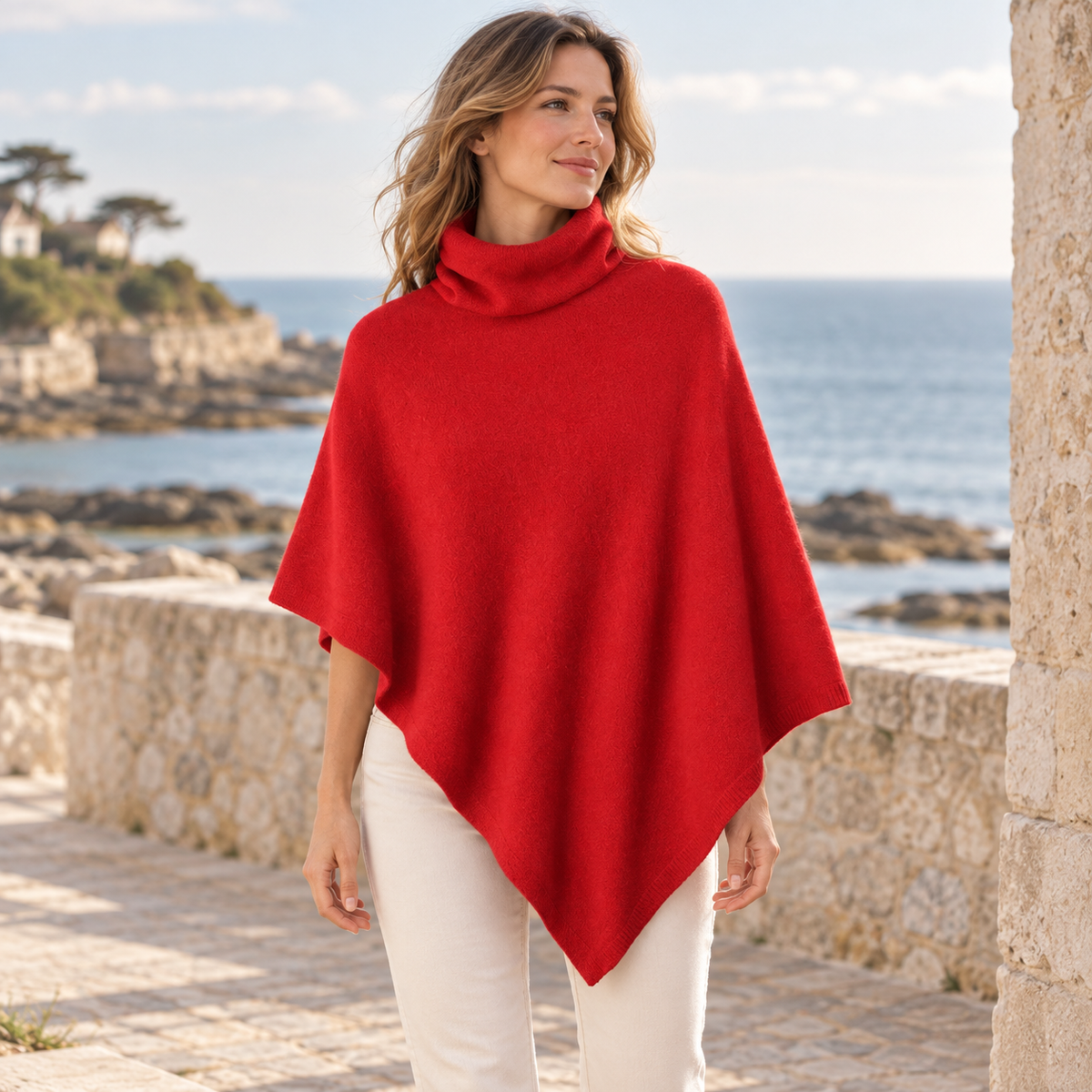 Pull Poncho Col Roulé Femme – Red / Adulte, visuel principal lifestyle