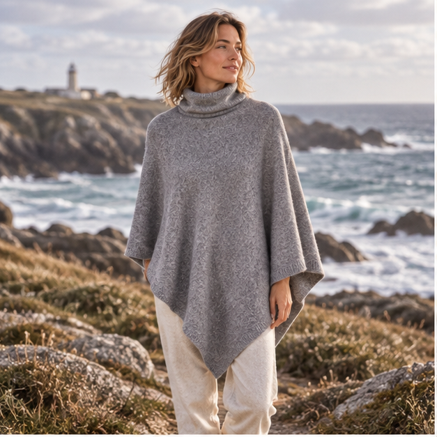 Pull Poncho Col Roulé Femme – Gris / Adulte, en situation sur la côte Atlantique