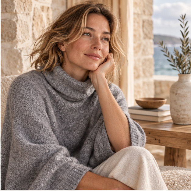 Pull Poncho Col Roulé Femme – Gris / Adulte, dans un intérieur côtier lumineux