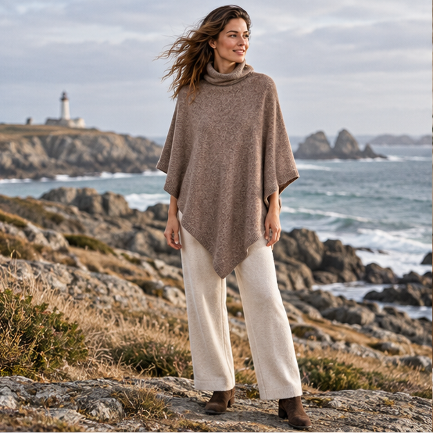 Pull Poncho Col Roulé Femme – Marron / Adulte, en situation sur la côte Atlantique