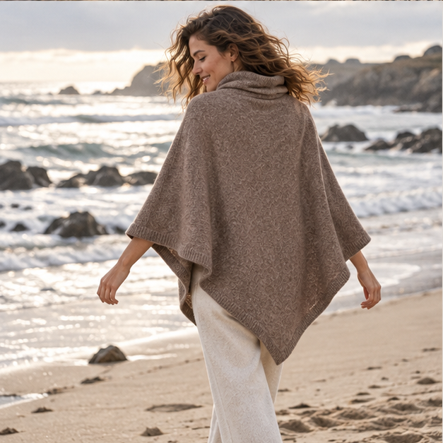 Pull Poncho Col Roulé Femme – Marron / Adulte, porté en mouvement au bord de l’océan