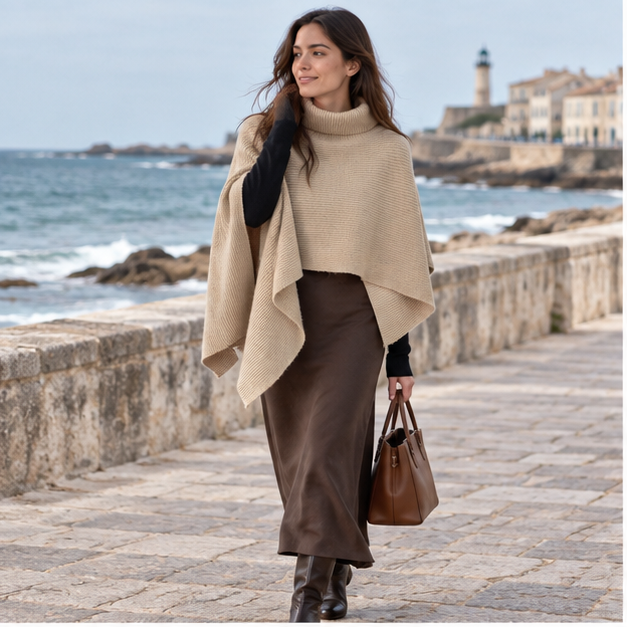 Pull Poncho Court Femme – Beige / Unique, en situation sur la côte Atlantique