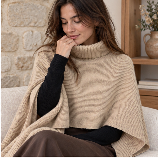 Pull Poncho Court Femme – Beige / Unique, dans un intérieur côtier lumineux