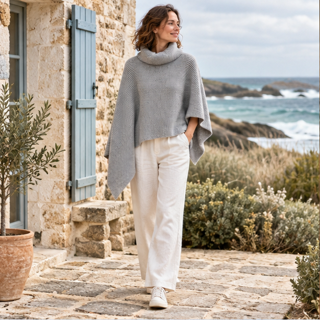 Pull Poncho Court Femme – Gris / Unique, en situation sur la côte Atlantique