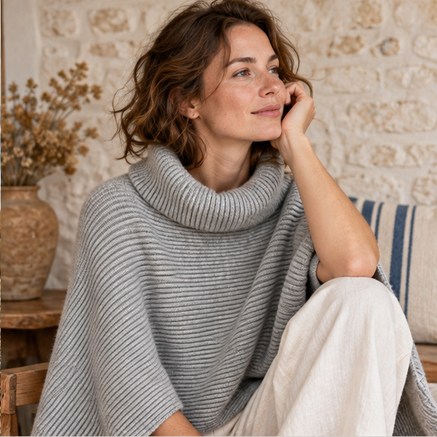 Pull Poncho Court Femme – Gris / Unique, dans un intérieur côtier lumineux