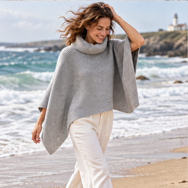 Pull Poncho Court Femme – Gris / Unique, porté en mouvement au bord de l’océan