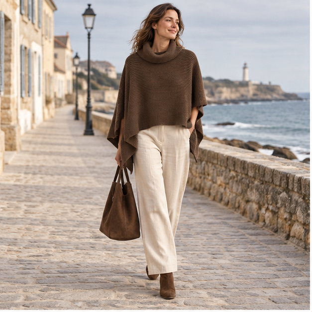 Pull Poncho Court Femme – Marron / Unique, en situation sur la côte Atlantique