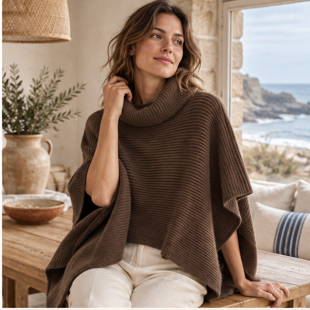 Pull Poncho Court Femme – Marron / Unique, dans un intérieur côtier lumineux