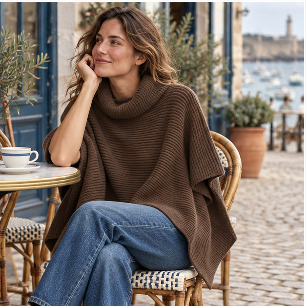 Pull Poncho Court Femme – Marron / Unique, porté en mouvement au bord de l’océan