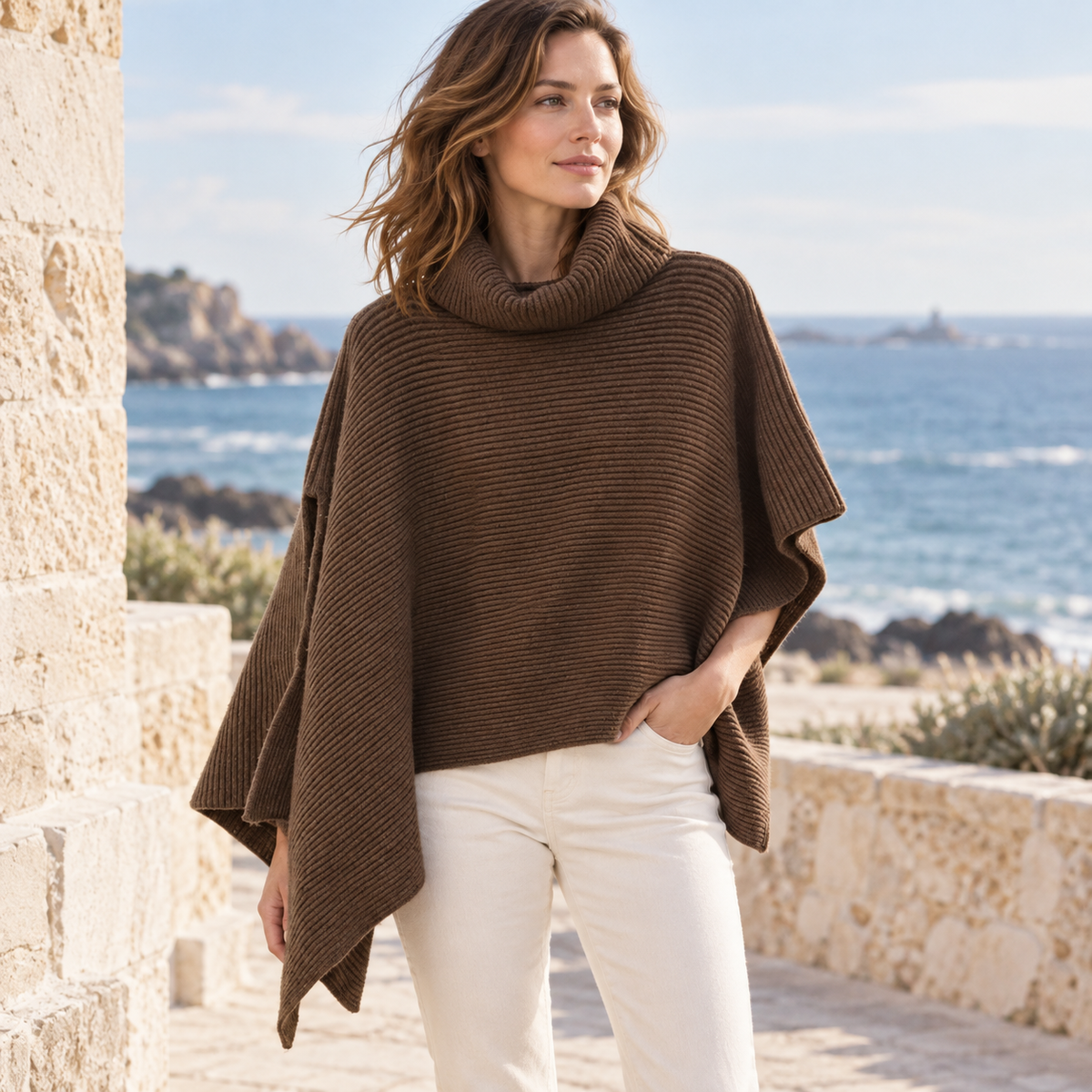 Pull Poncho Court Femme – Marron / Unique, visuel principal lifestyle