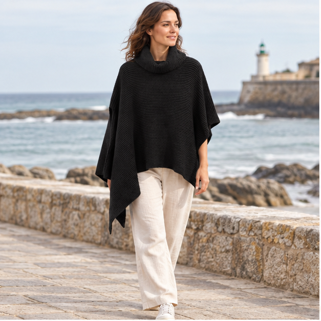 Pull Poncho Court Femme – Noir / Unique, en situation sur la côte Atlantique