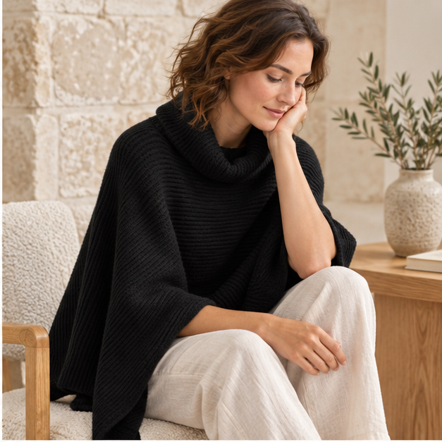 Pull Poncho Court Femme – Noir / Unique, dans un intérieur côtier lumineux