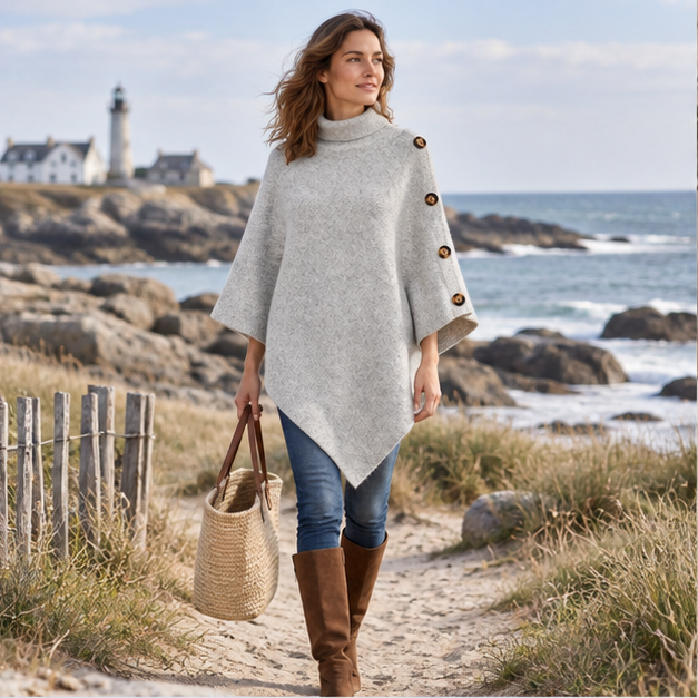 Pull Poncho Femme Gris – Gris / Adulte, en situation sur la côte Atlantique