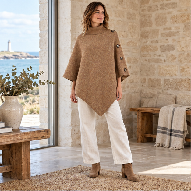 Pull Poncho Marron – Marron / Adulte, en situation sur la côte Atlantique