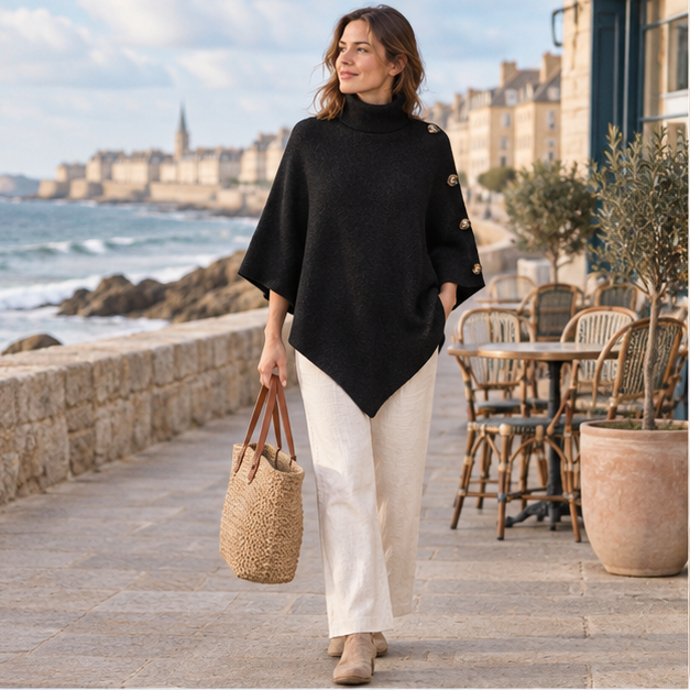 Pull Poncho Noir – Noir / Adulte, en situation sur la côte Atlantique