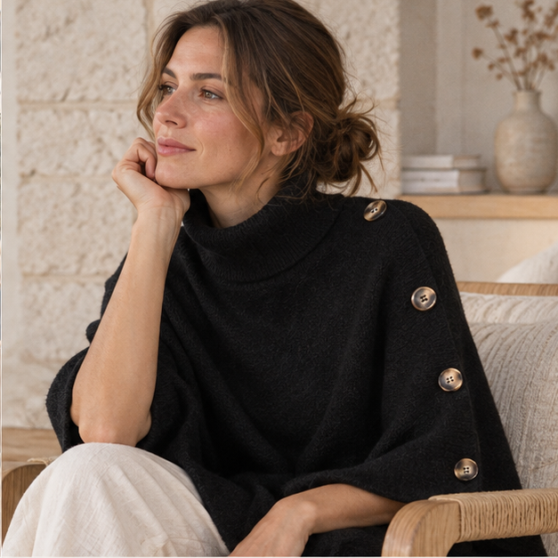 Pull Poncho Noir – Noir / Adulte, dans un intérieur côtier lumineux