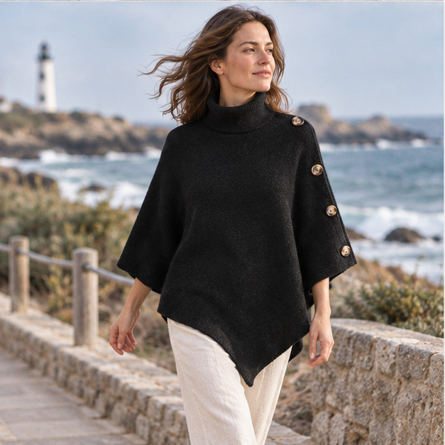 Pull Poncho Noir – Noir / Adulte, porté en mouvement au bord de l’océan