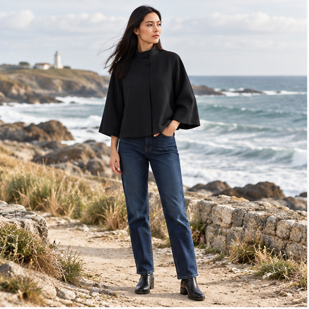 Pull Poncho Noir Femme – Noir / XS, Noir / S, Noir / M, Noir / L, en situation sur la côte Atlantique