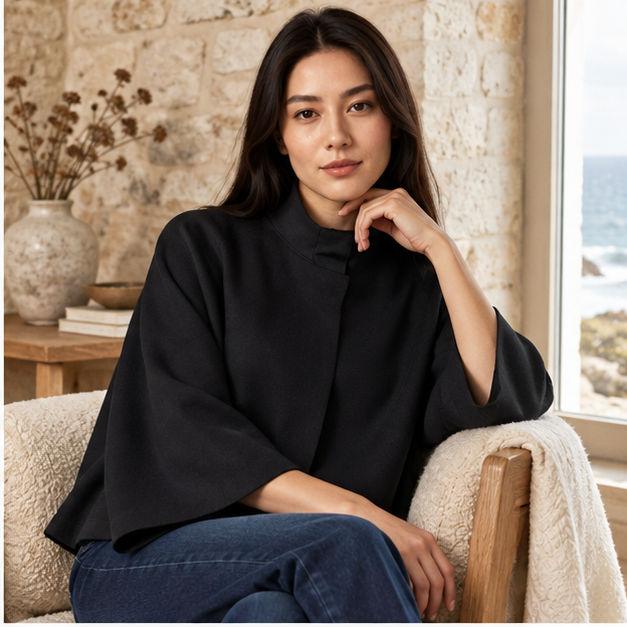 Pull Poncho Noir Femme – Noir / XS, Noir / S, Noir / M, Noir / L, dans un intérieur côtier lumineux