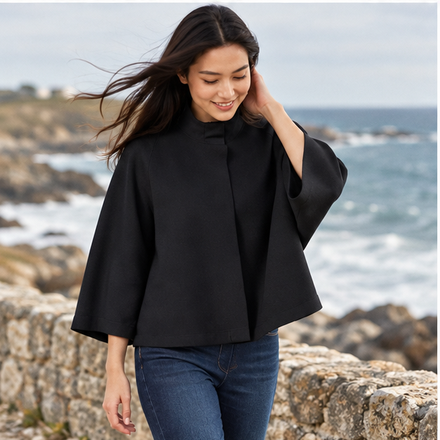 Pull Poncho Noir Femme – Noir / XS, Noir / S, Noir / M, Noir / L, porté en mouvement au bord de l’océan