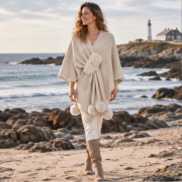 Pull Poncho Pompon – Beige / Adulte, en situation sur la côte Atlantique