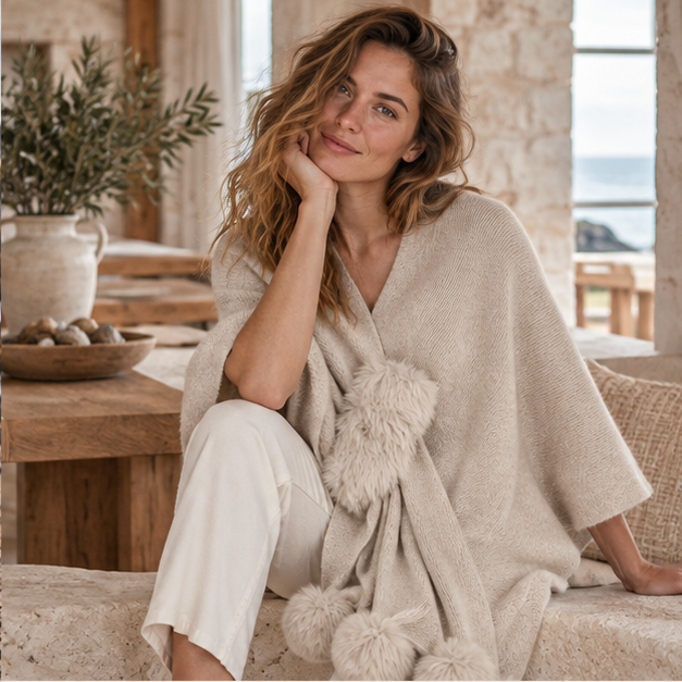 Pull Poncho Pompon – Beige / Adulte, dans un intérieur côtier lumineux