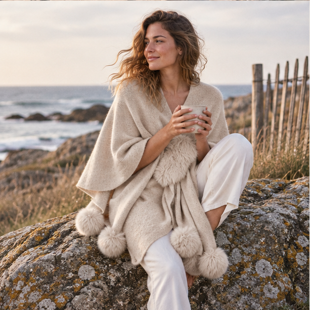 Pull Poncho Pompon – Beige / Adulte, porté en mouvement au bord de l’océan