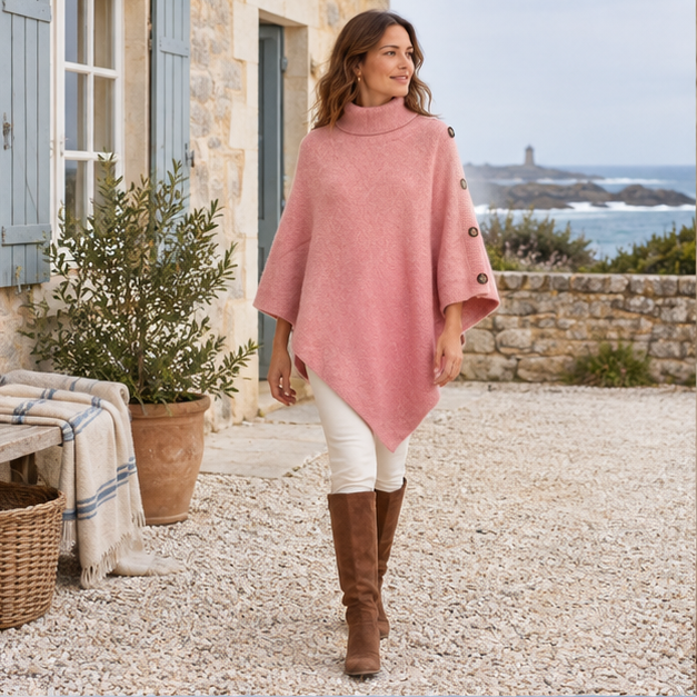 Pull Poncho Rose – Rose / Adulte, en situation sur la côte Atlantique
