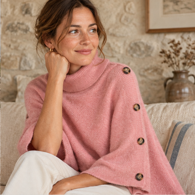 Pull Poncho Rose – Rose / Adulte, dans un intérieur côtier lumineux