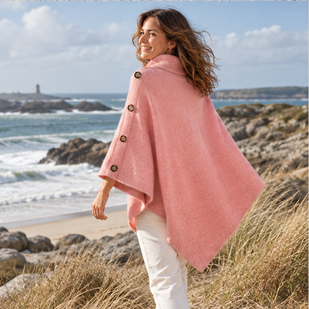 Pull Poncho Rose – Rose / Adulte, porté en mouvement au bord de l’océan