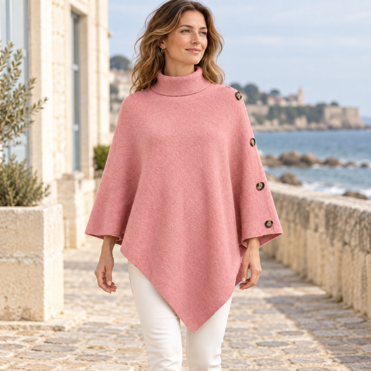 Pull Poncho Rose – Rose / Adulte, visuel principal lifestyle