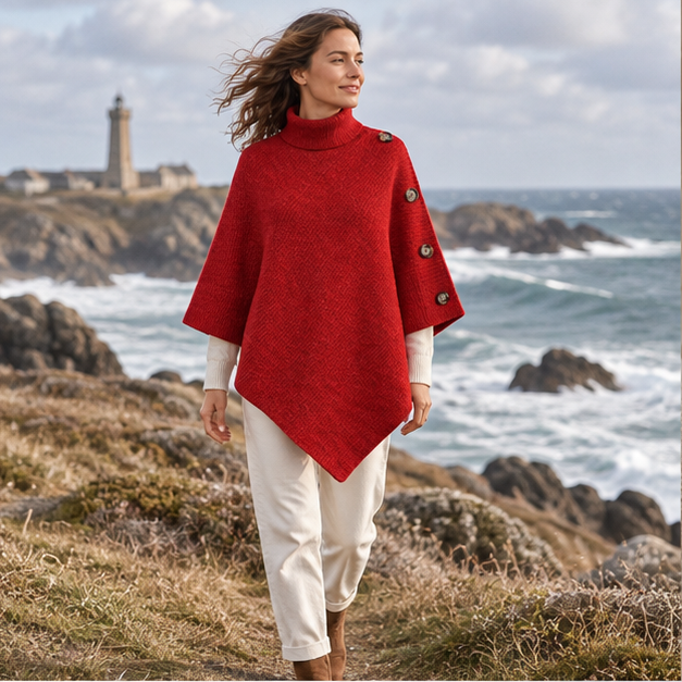 Pull Poncho Rouge – Rouge / Adulte, en situation sur la côte Atlantique