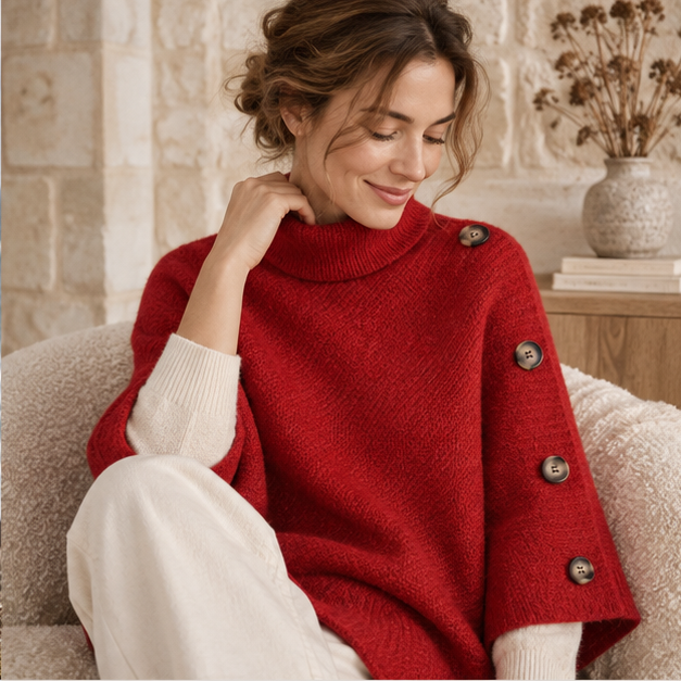 Pull Poncho Rouge – Rouge / Adulte, dans un intérieur côtier lumineux