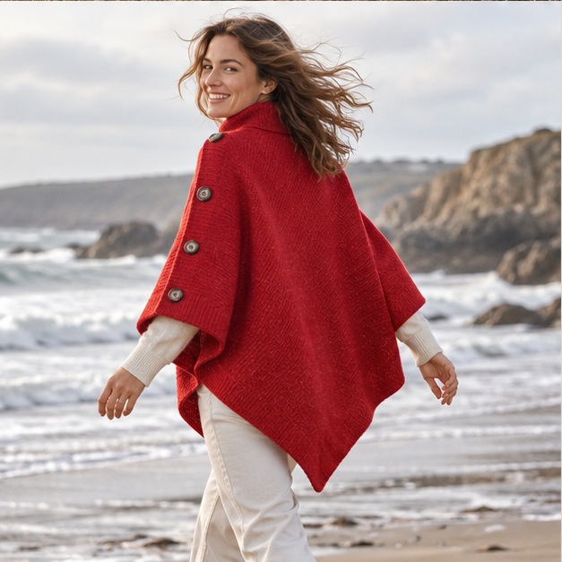 Pull Poncho Rouge – Rouge / Adulte, porté en mouvement au bord de l’océan