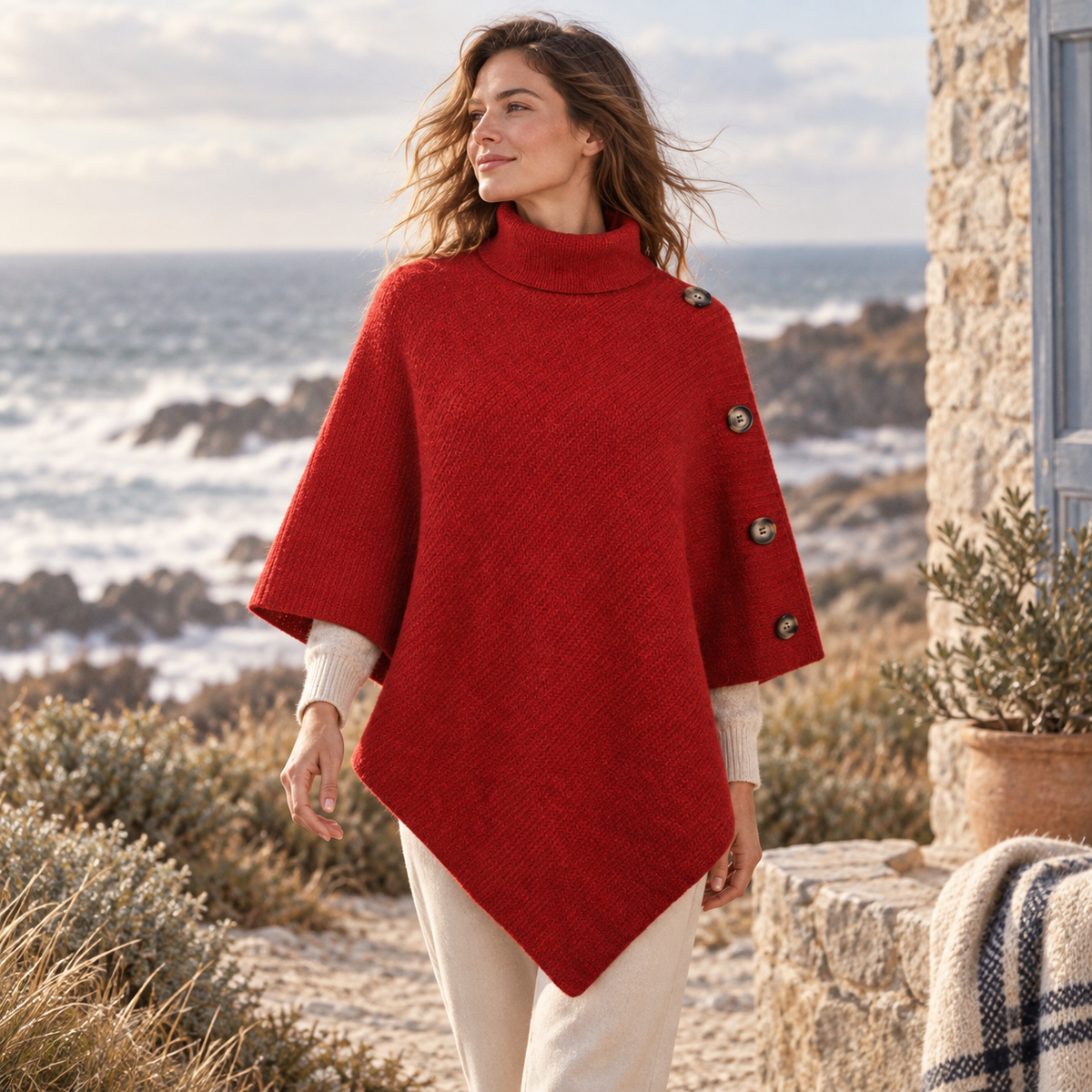 Pull Poncho Rouge – Rouge / Adulte, visuel principal lifestyle