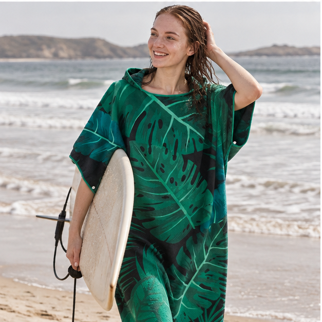 Serviette Poncho Avec Motifs De Feuilles – Vert / Adulte, porté en mouvement au bord de l’océan