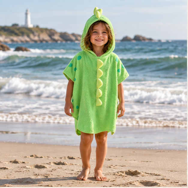 Serviette Poncho Dinosaure – Vert / Enfant, en situation sur la côte Atlantique