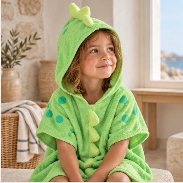 Serviette Poncho Dinosaure – Vert / Enfant, dans un intérieur côtier lumineux