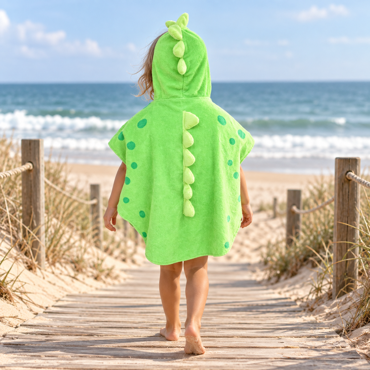 Serviette Poncho Dinosaure – Vert / Enfant, visuel principal lifestyle