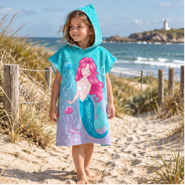 Serviette Poncho Enfant Sirène – Bleu / Enfant, en situation sur la côte Atlantique
