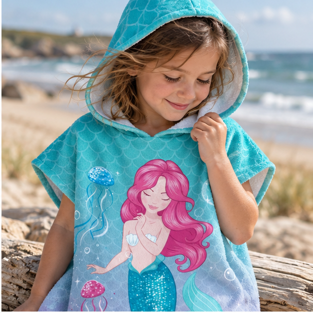Serviette Poncho Enfant Sirène – Bleu / Enfant, dans un intérieur côtier lumineux