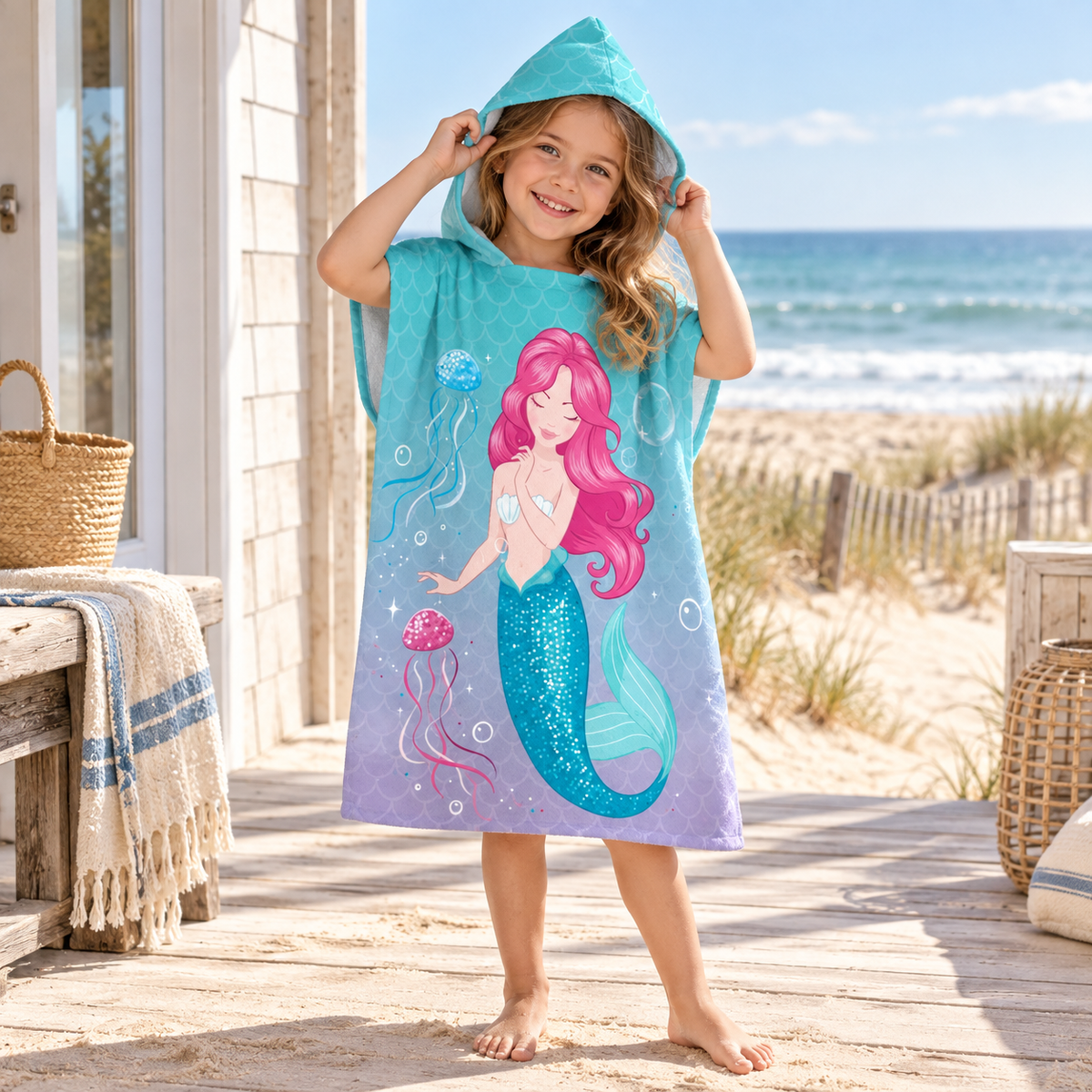Serviette Poncho Enfant Sirène – Bleu / Enfant, visuel principal lifestyle