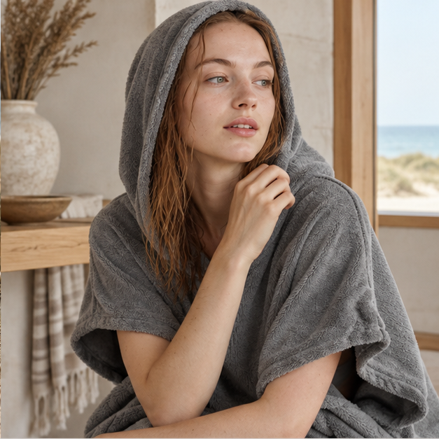 Serviette Poncho Femme Microfibre – Gris Clair / Adulte, dans un intérieur côtier lumineux