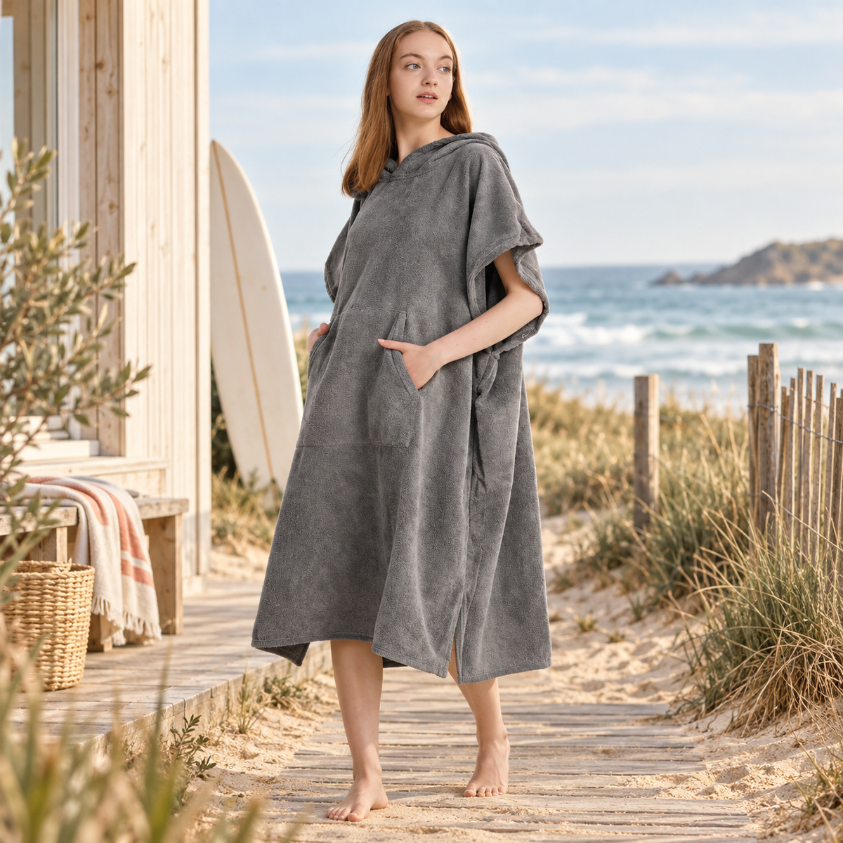 Serviette Poncho Femme Microfibre – Gris Clair / Adulte, visuel principal lifestyle