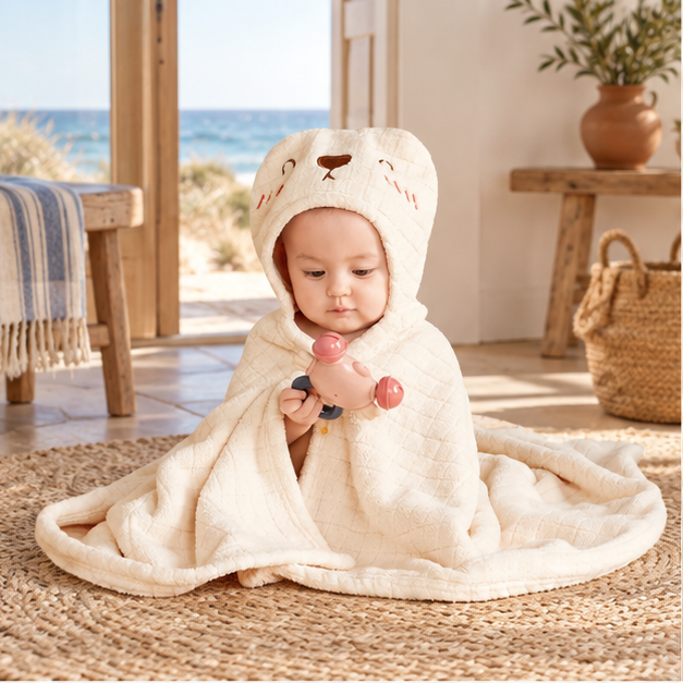 Serviette Poncho Lapin – Blanc / Bébé, en situation sur la côte Atlantique
