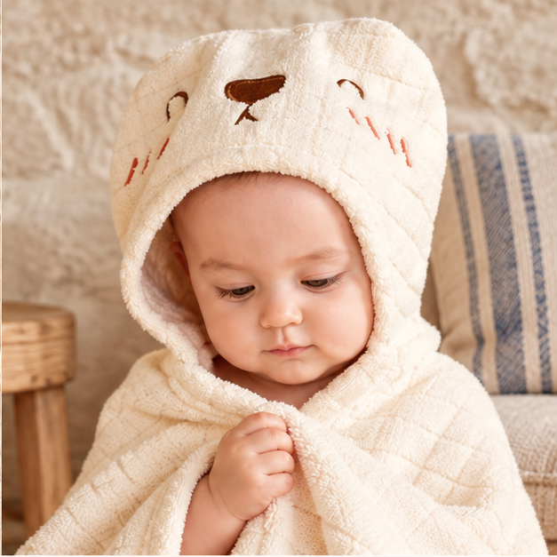 Serviette Poncho Lapin – Blanc / Bébé, dans un intérieur côtier lumineux