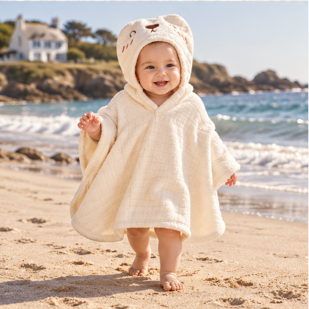 Serviette Poncho Lapin – Blanc / Bébé, porté en mouvement au bord de l’océan