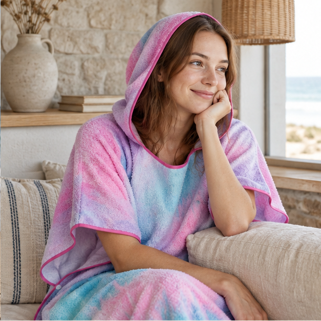 Serviette Poncho Rose et Bleu – Rose / Adulte, dans un intérieur côtier lumineux